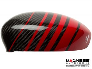 FIAT 500 Mirror Covers - Carbon Fiber - Red Racing Stripe w/ White Scorpion V2